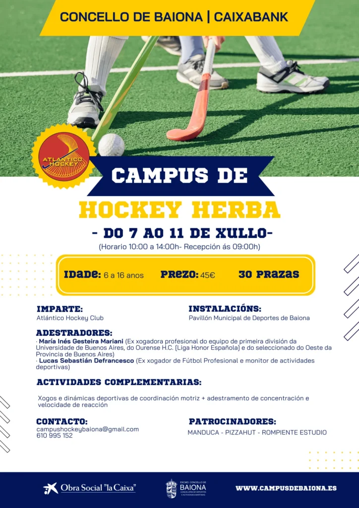Campus de verán en Baiona de hockey herba. Mellora a túa técnica, xogos en equipo e diversión nun entorno natural ideal para nenos e nenas.